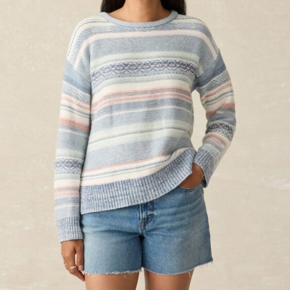 Faherty High Tide Sweater Women's Striped Todos Santos Blue Top 100% Cotton